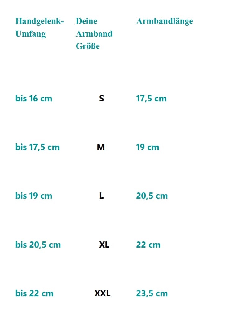 Größentabelle-Armbänder und Hoodies