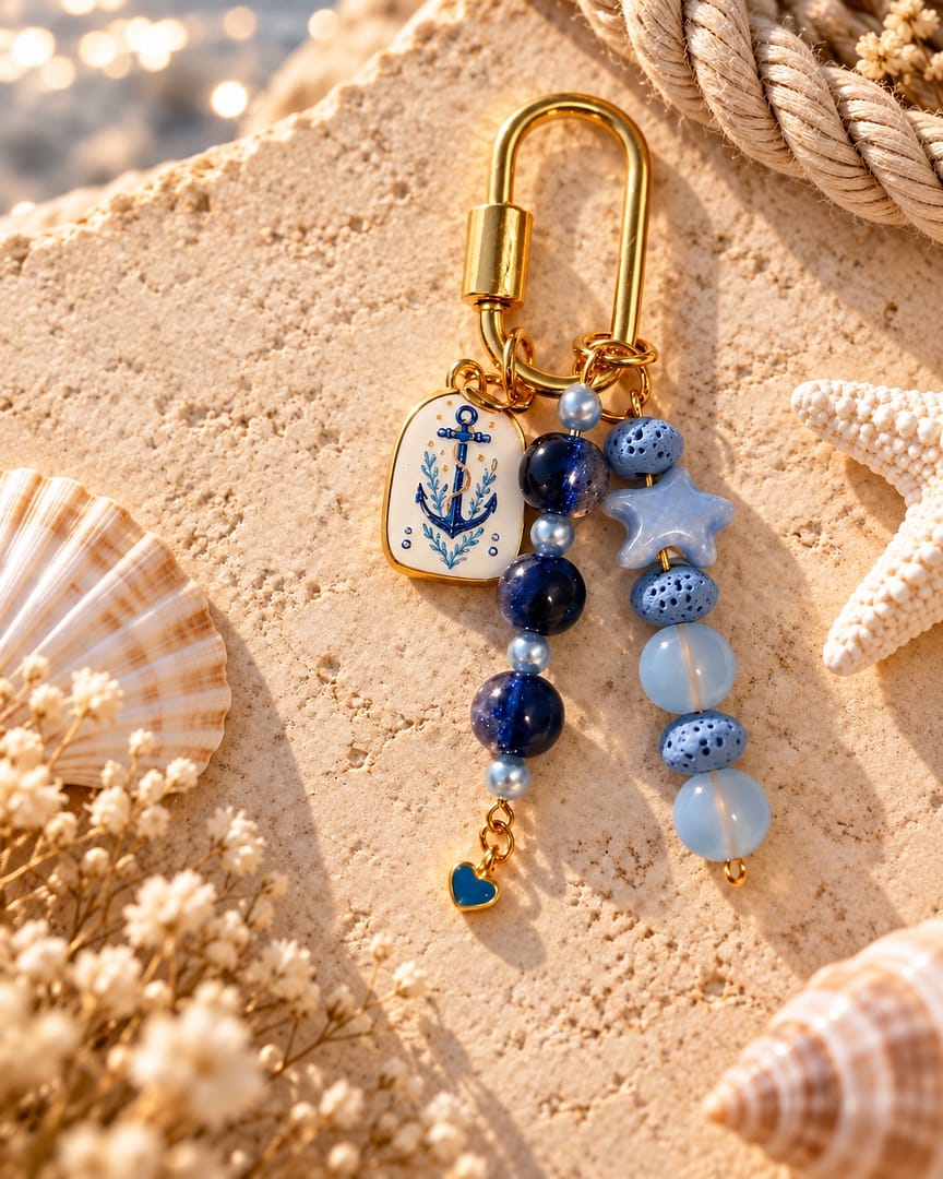 Maritimer Taschenanhänger Anker und Meer in Blau und Gold mit Anker und Perlen