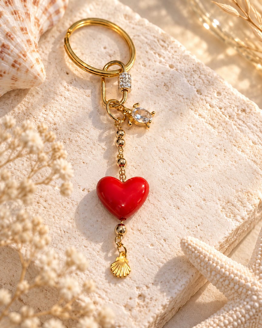 Maritimer Taschenanhänger Herzensmeer in Rot und Gold mit Herz und Muschel