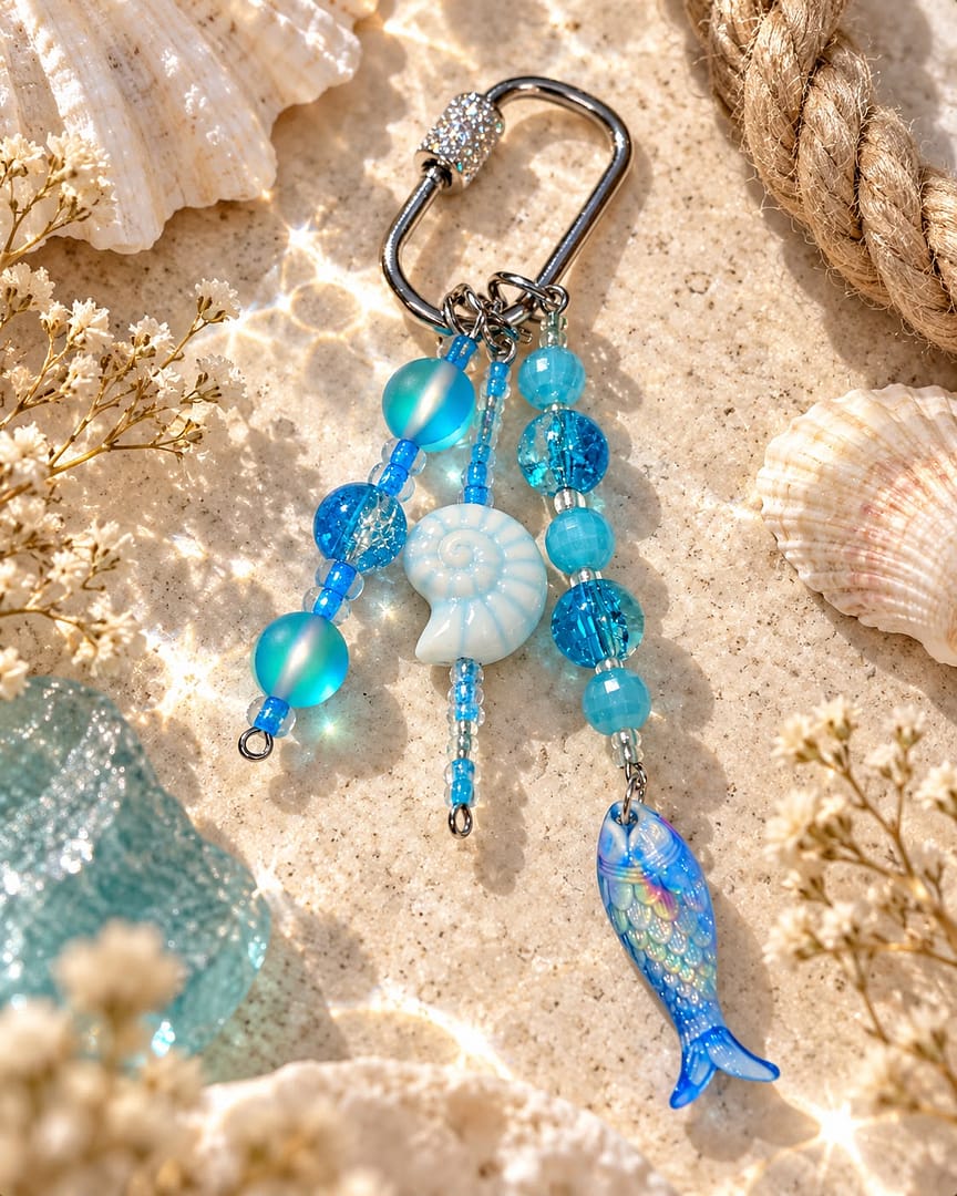 Maritimer Taschenanhänger Meeresfisch in Blau mit Fisch und Perlen