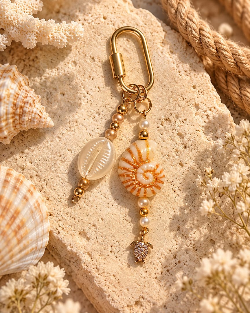 Maritimer Taschenanhänger Muschelzauber in Creme und Gold mit Muscheln und Perlen